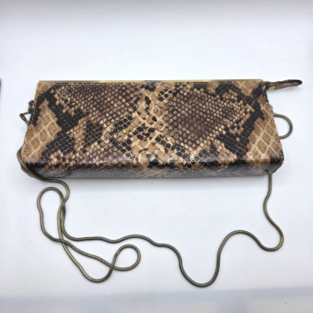 Navoh Faux Snakeskin Clutch Brown Tan Brass Frame Snake Chain Strap Bag
